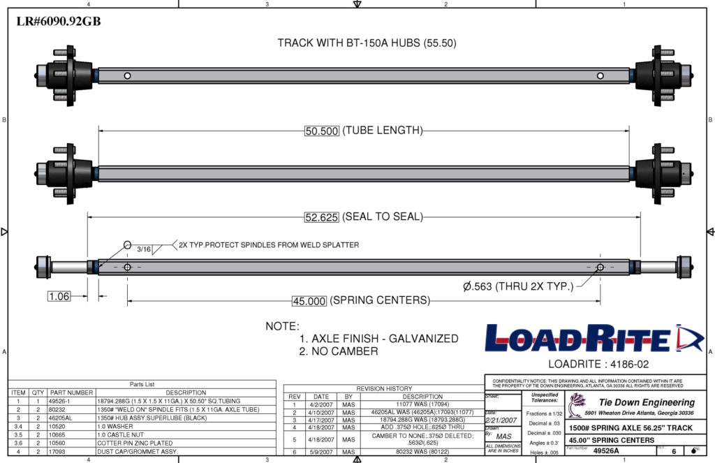 1500LB Spring Axle Assembly SKU 6090.92GB Load Rite Trailers